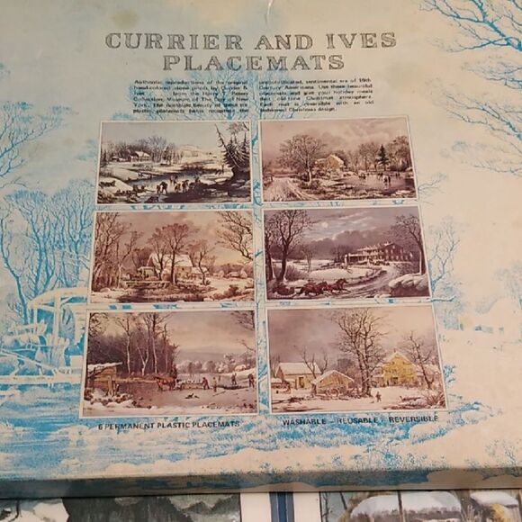 Currier and Ives Placemats Set (7) Mats Cottagecore Winter Farmhouse - Picture 1 of 11